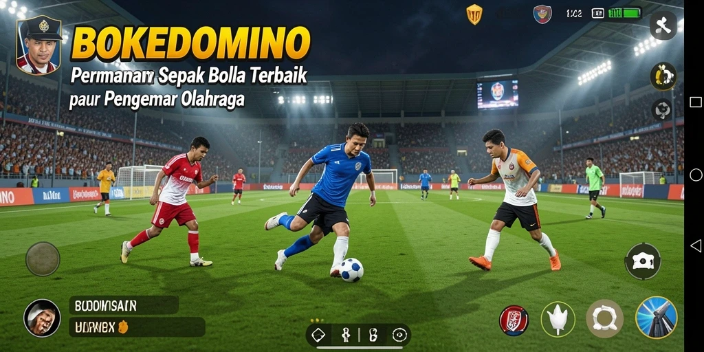 Tampilan menarik dari gameplay BOKEDOMINO yang penuh aksi sepak bola.