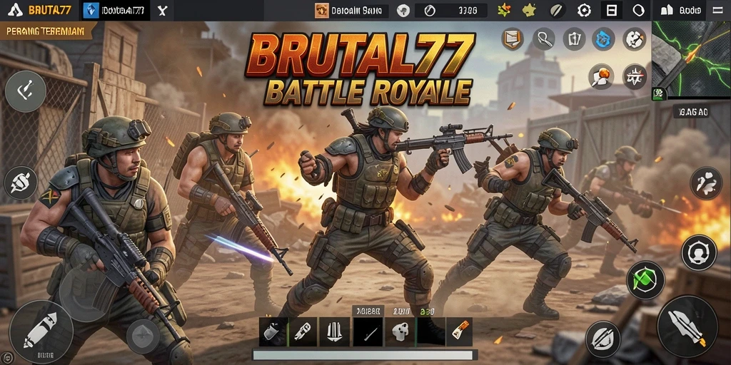 Tampilan gameplay mendebarkan di BRUTAL77 dengan aksi pertempuran yang intens.