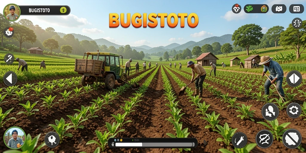 Tampilan gameplay BUGISTOTO yang menampilkan kebun indah.