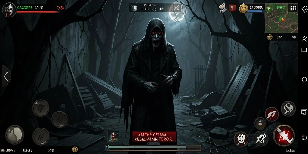 Screenshot gameplay CACOR78 yang menampilkan suasana seram dan mencekam.