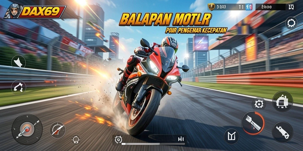 Tampilan gameplay DAX69 yang mendebarkan dan penuh aksi balapan motor.