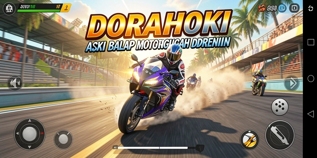 Tampilan mendebarkan dari gameplay DORAHOKI dengan balapan motor.