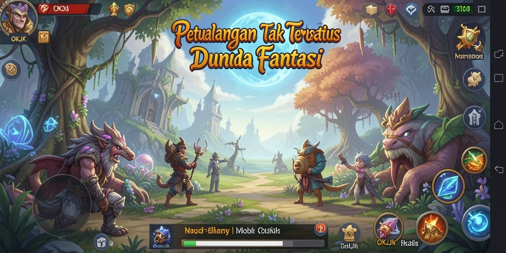 Screenshot gameplay OKJK yang menunjukkan petualangan dramatis di dunia fantasi.