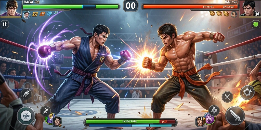 Tampilan gameplay yang mendebarkan dalam pertarungan Fighting.